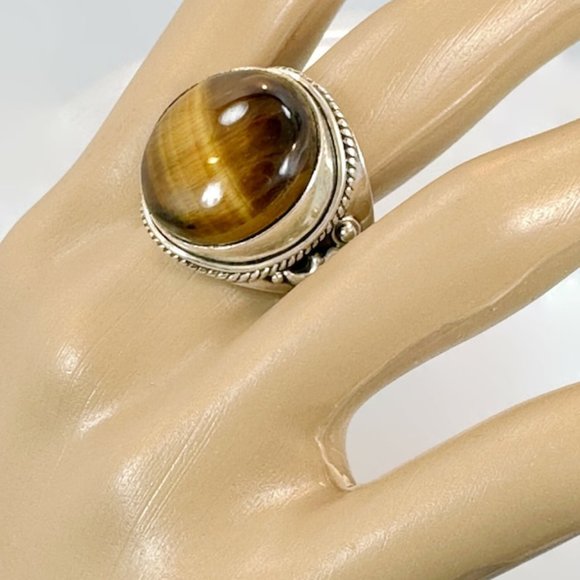 Tiger Eye Ring, Sterling Silver, Tiger's Eye Stone, Brown,Big Stone, Statement - Picture 3 of 7